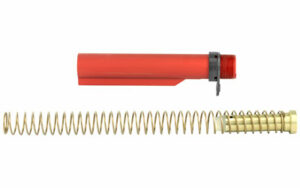 Red buffer tube with spring and buffer.