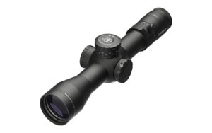 Black rifle scope with adjustment knobs.
