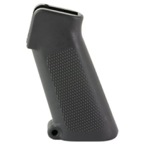 Textured black pistol grip handle isolated view.
