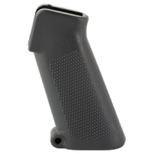 Textured black pistol grip handle isolated view.