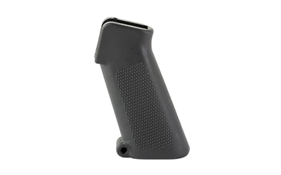 Textured black pistol grip handle isolated view.