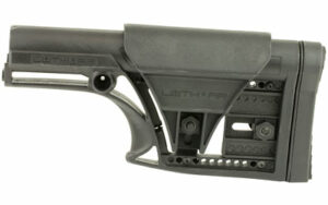 Adjustable tactical rifle stock in black polymer