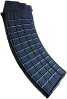 Curved black rifle magazine on white background