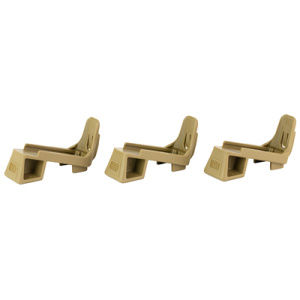Three brown angled plastic brackets in a row.