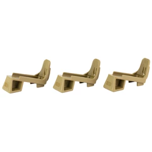 Three brown angled plastic brackets in a row.