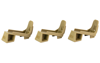 Three brown angled plastic brackets in a row.