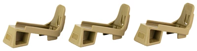 Three brown angled plastic brackets in a row.