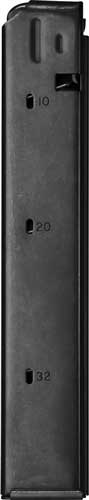 Black 32-round firearm magazine close-up view