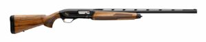Wood-stocked semi-automatic shotgun on white background