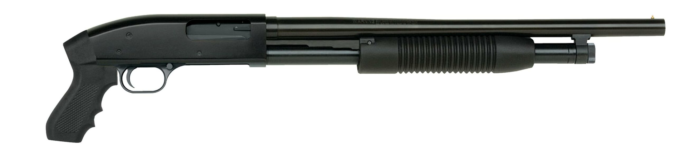 Black pump-action shotgun with pistol grip.