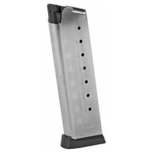 Silver handgun magazine with black baseplate.
