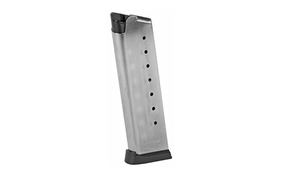 Silver handgun magazine with black baseplate.