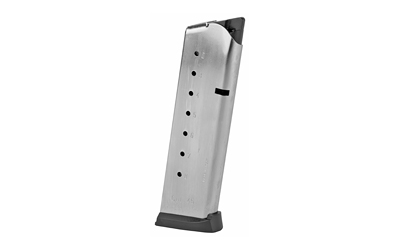 Silver handgun magazine with eight bullet slots.