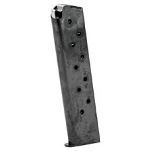 Metal handgun magazine on white background