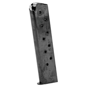 Metal handgun magazine on white background