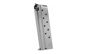 Stainless steel handgun magazine on white background