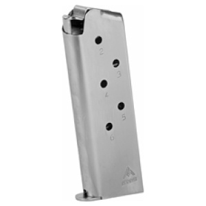 Silver handgun magazine with visible bullet gauge