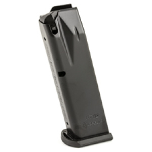 Black semi-automatic handgun magazine on white background.