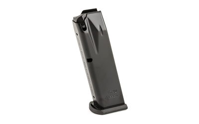 Black semi-automatic handgun magazine on white background.