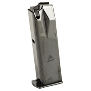 Stainless steel pistol magazine, side view.