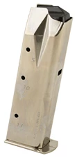 Silver firearm magazine with visible bullet holes