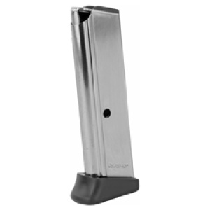 Stainless steel gun magazine on white background.
