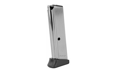 Stainless steel gun magazine on white background.