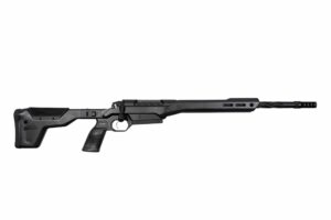 Black bolt-action rifle with bipod attachment