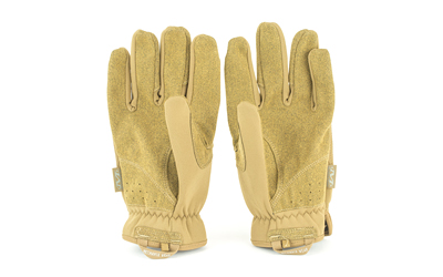 Pair of tan tactical gloves on white background