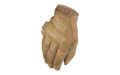 Tan tactical work glove with printed lettering
