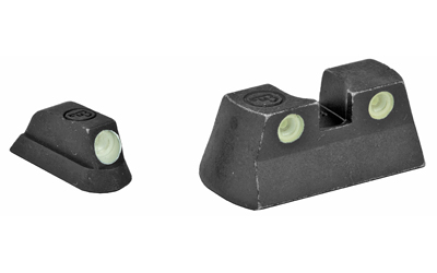 Black handgun front and rear sights with green dots