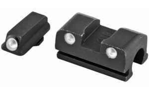 Black metal pistol iron sights with white dots