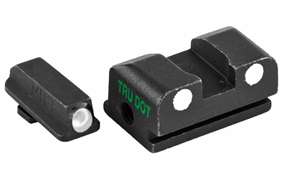 Black handgun iron sights with white dot inserts