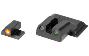 Black pistol front and rear sights with dots