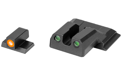 Black pistol front and rear sights with dots