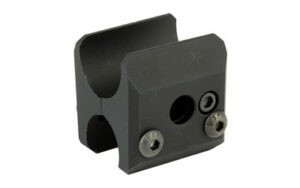 Black metal mounting block with screws and hole