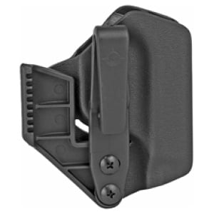 Black kydex firearm holster with belt clip.