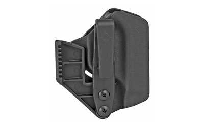Black kydex firearm holster with belt clip.