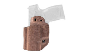 Brown leather holster with handgun grip visible