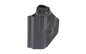 Black molded plastic handgun holster on white background