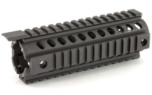 Black tactical rifle handguard with quad rails