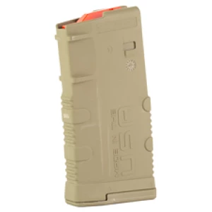 Tan polymer rifle magazine with orange follower