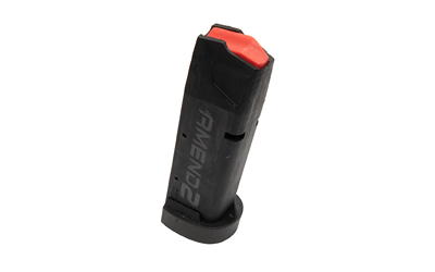 Black and red extended rifle magazine clip.