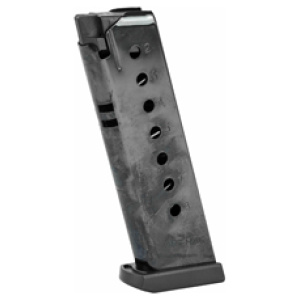 Black handgun magazine standing upright on white background.