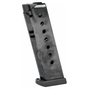 Black handgun magazine standing upright on white background.