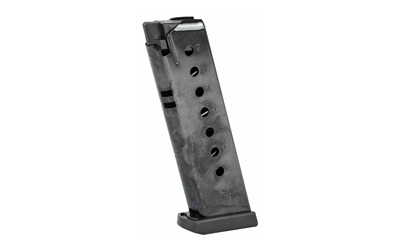 Black handgun magazine standing upright on white background.
