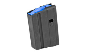 Black metal rifle magazine with blue follower