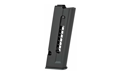 Black firearm magazine on white background