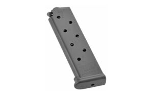 Metal pistol magazine on white background