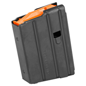 Rifle magazine with orange follower and black casing.